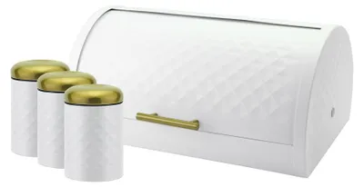 Zdjęcie produktu dla Haus Roland HOME ELEMENTS-HR Stojak na chleb metalowy + 3 pojemniki na żywność, metal z lakierowaną powłoką, kolor biały