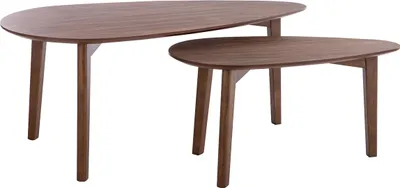 Two nesting coffee tables made of wood.