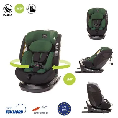 A collage of images showcasing a green and black child car seat from different angles and with accompanying icons.