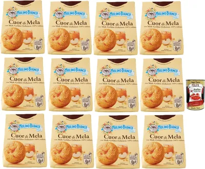 Produktbild von Mulino Bianco Cuor di Mela Biscotti con Mele 100% Italiane, Kekse mit 100% italienischen Äpfeln, cookies biscuits 12x 300 g + Italian Gourmet polpa 400g