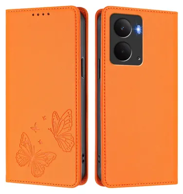 Image de Étui en cuir pour Realme 14 5G, étui de protection type portefeuille en cuir gaufré motif papillon avec support, couleur orange