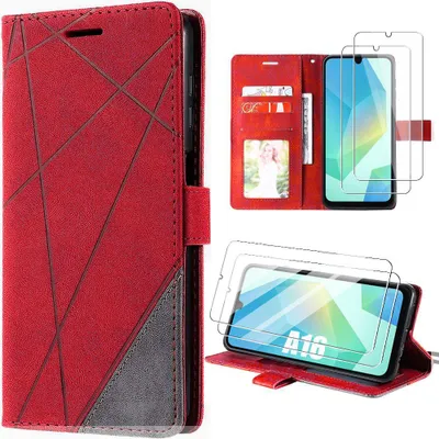 Image de Coque + 2 Verres Trempés pour Samsung Galaxy A16 4G/5G, Protection Anti-Rayures 360 Degré CuirPolyuréthaneRouge