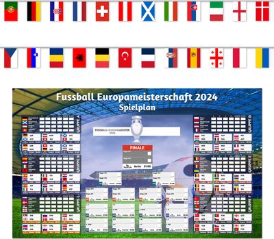 Súprava futbalových dekorácií Euro 2024 s rozpisom zápasov a vlajkovou girlandou