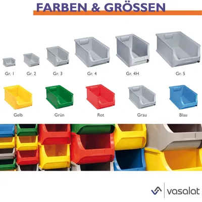 Produktbild von vasalat Stapelboxen 100x102x60mm Gr.1, Sichtlagerboxen für Werkstatt Garage und Lager, Kunststoff rot, 6x Sichtlagerkästen mit Wandhalterung