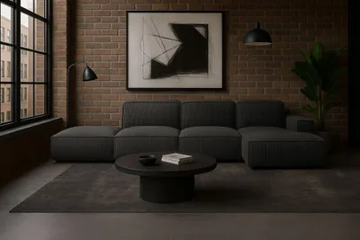 Image de Canapé d'angle Cursal en L, tissu Poso, gris + pouf, droite