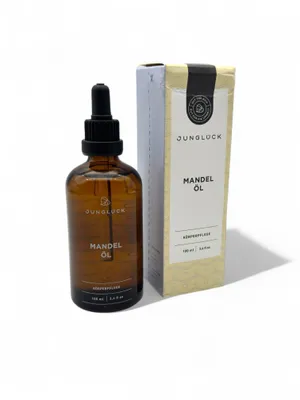 Produktbild von JUNGLÜCK Mandelöl BIO 100 ml Vegan & kaltgepresst 100% rein reichhaltige Pflege für trockene Haut Vitamin E für intensive Gesicht, Haar & Körperpflege