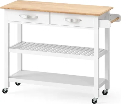 Immagine prodotto di Carrello da cucina - Carrello di servizio con rotelle - Piano di lavoro - 2 cassetti - 2 ripiani aperti - Portasciugamani - Legno - Struttura in metallo - Bianco