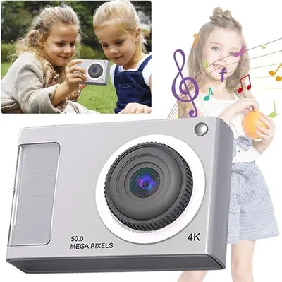 Zdjęcie produktu dla Kompaktowy cyfrowy aparat dla dzieci o rozdzielczości 48 MP, z 4-krotnym zoomem, obsługujący karty pamięci o pojemności 32 GB, w kolorze srebrnym