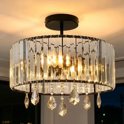 Produktbild von ANWIO Kristall Kronleuchter, 3-flammig Kristall Deckenleuchte Φ37CM, E27 Deckenlampe Hängend Wohnzimmer, Glas Pendelleuchte für Schlafzimmer, Küche, Flur, Badezimmer, Schwarz