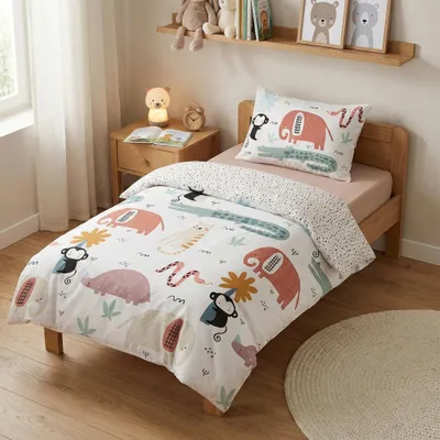 Image de Little Animals, ensemble de literie pour bébé, comprenant une housse de couette 100x135 cm et une taie d'oreiller 40x60 cm, motif éléphant