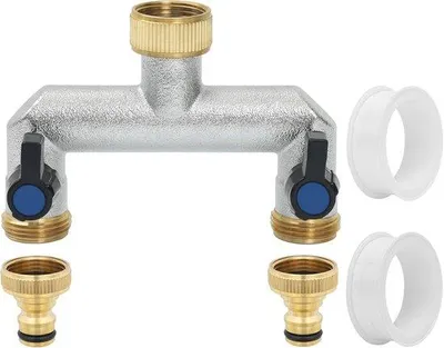 Produktbild von 2-Wege-Wasserhahn für Gartenbewässerung, 1,8 cm - Messing - 2-fach mit 2 Kugelhähnen - ideal für die Gartenbewässerung