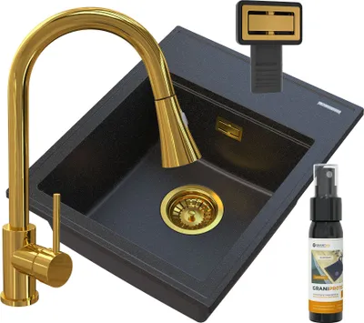 Zdjęcie produktu dla Granitan | Zlewozmywak granitowy – zlewozmywak kuchenny – zlewozmywak – 50 x 40 cm – zlewozmywak do zabudowy, czarny – bateria mieszająca SNAKE Gold – ALOR