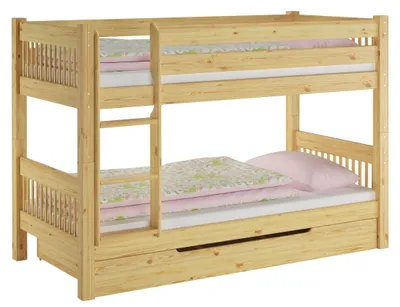 Produktbild von Kinderstockbett aus Massivholz mit wählbarem Zubehör, Liegefläche 90x200 V-60.12-09Ni70Rollrost und Bettkasten inkl.