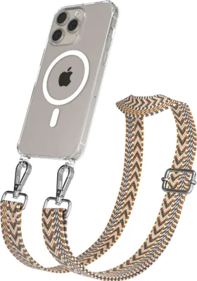 Produktbild von EAZY CASE - Handykette mit MagSafe Hülle für Apple iPhone 15 Pro Max, Handyband ZigZag Style,Karabiner Silber, Umhängeband in Braun