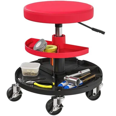 Produktbild von Werkstatthocker – Technikerhocker – Drehhocker – Drehbarer Arbeitshocker mit Rollen – Mit 2 Ablagen – Höhenverstellbar – 38 x 38 x 40 cm – Rot
