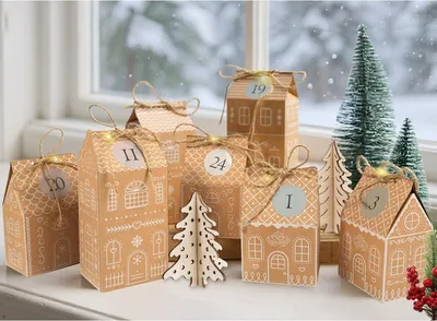 Adventskalender zum Befüllen, 24 DIY-Lebkuchenhäuschen aus Kraftpapier