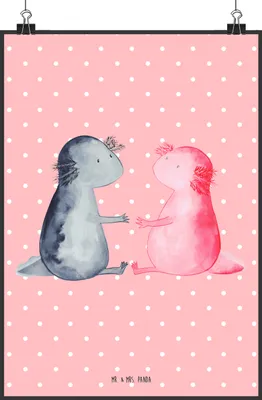 Produktbild von Mr. & Mrs. Panda Bild Axolotl Liebe DIN A2 - Rot Pastell - Geschenk, Lurch, Valentinstag, Wandbild, Plakat, wanddeko, Wanddekoration, Kunstdruck