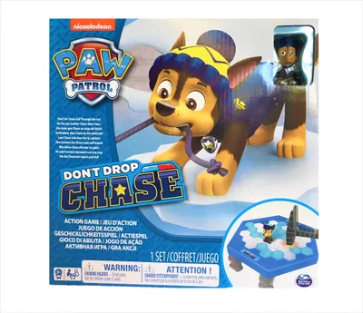 The image shows the packaging of a Paw Patrol board game called 'Don't Drop Chase'.