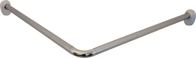 A silver shower curtain rod with a V-shape, mounted on white brackets.