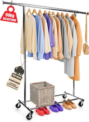 Produktbild von Rollgarderobe BigDean Kleiderständer auf Rollen, Tragkraft bis 90 kg, ausziehbar, Kleiderständer, sekundenschnell aufgebaut