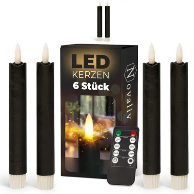 Produktbild von Stabkerzen LED mit Timer SCHWARZ 6 Stück Indoor 6 Stunden ECHTWACHS 18cm Höhe für Kerzen 2,2cm Durchmesser 2 AAA Batterien notwendig LED Stabkerzen 4er Set SCHWARZ (zwei Mal) bewegliche Flamme Licht