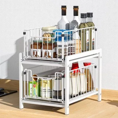 Obrázok produktu pre Uniqoos® Vytiahnutelná polica do kuchyne a do skrine s 2 košíkmi – organizér z nehrdzavejúcej ocele (nerez), biela; rám 37×26×38,5 cm, košíky 35×21×14 cm
