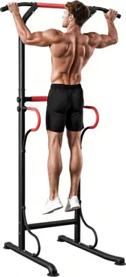 Produktbild von Klimmzugstation - Höhenverstellbar bis 219 cm - Belastbar bis 120 kg - Robuste Konstruktion - Für Home Gym - Training für Taille & Bauch - Schwarz/Rot