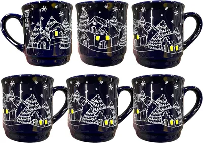 Produktbild von 6x Glühweinbecher „Winterlandschaft“ blau 0,2 L – Steinzeug, geeicht, Weihnachtsmotiv