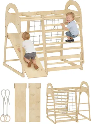A collage of images showing a wooden Montessori climbing structure for children, with children playing on it, and separate components of the structure.