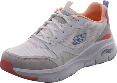 A single white Skechers sneaker with colorful accents.