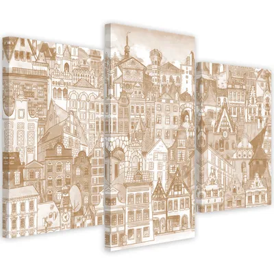 Produktbild von Triptychon auf leinwand fröhliche stadt 150x100 cm Feeby beige wandbild bereit zum aufhängen