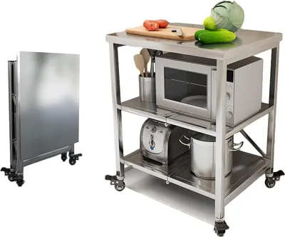 Immagine prodotto di Piano di lavoro in acciaio inox, 3 livelli, pieghevole, carrello di servizio, acciaio inox, tavolo da cucina con 4 ruote, tavolo in acciaio inox, tavolo per la preparazione dei cibi, supporto per microonde, salvaspazio per la cucina