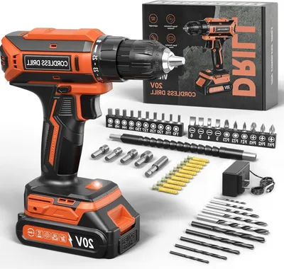 Immagine prodotto di Avvitatore a batteria - Set di trapani a batteria - Utensili per bricolage e manutenzione - Coppia di 42 Nm - 56 pezzi - Colore arancione