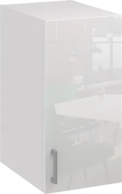 A white kitchen cabinet with a reflective surface showing a blurred interior scene.