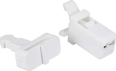 Two white plastic parts for a robot vacuum cleaner's dustbin lid.