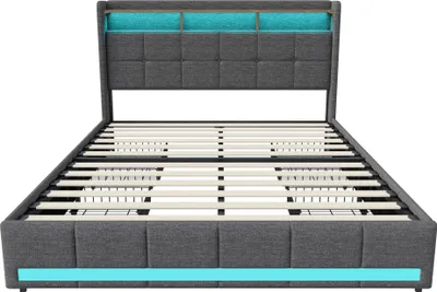 Produktbild von Doppelbett - Polsterbett mit Stauraum - 180×200 cm - 4 Schubladen - USB-Ladeanschluss - Leinenstoff - Grau