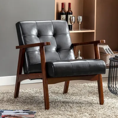 Image de Fauteuil en bois noir de style rétro, fauteuil de relaxation avec accoudoirs, revêtement en similicuir, structure en bois massif, style vintage, idéal pour un salon, une chambre ou un café