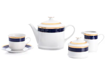 Zdjęcie produktu dla Zestaw do herbaty, porcelana Carlsbad Leander Meadows, Sabina - kobalt + złota plecionka, 15 szt