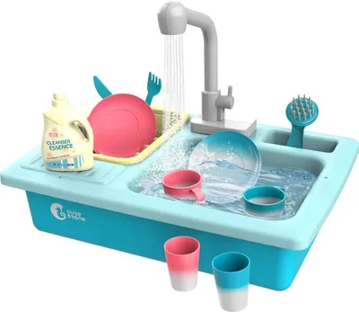 Produktbild von CUTE STONE Küchenspüle Spielzeug Set mit Warmwasserhahn Farbwechsel Geschirr, Wasser-Recycling Spielküche Waschbecken für Kinder ab 3 Jahre Blau