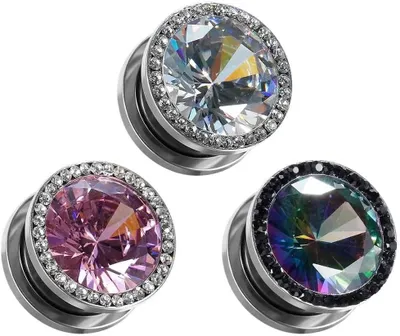 Imagen del producto de Expansores y estiradores para piercings en la oreja, con incrustaciones de cristal y circonitas, disponibles en tamaños de 2g (6 mm) a 16 mm. Joyería para el oído