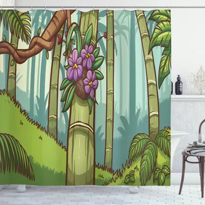 Obrázok produktu pre ABAKUHAUS Sprchový záves Orchidey, farebný kreslený motív džungle v lese s divokými kvetmi, zenový prírodný potlač, 175 x 200 cm, viacfarebný