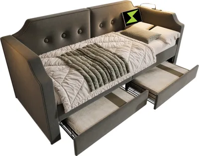 Produktbild von Polsterbett Sofabett 90x200 cm mit USB-Type-C Leselicht, Schlafsofa Tagesbett mit 2 Stauraum Schubladen, kinderbett Jugendbett Bettgestell, Samt, Grau