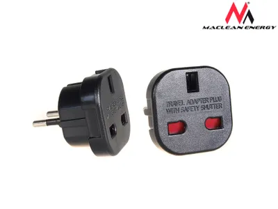 Two black electrical adapters are shown against a white background. One adapter is a European plug adapter, and the other is a UK socket adapter with safety shutters.