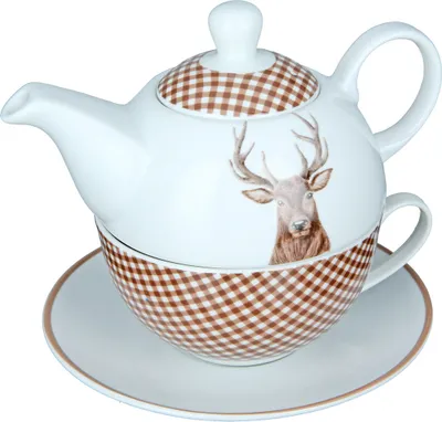 Produktbild von GILDE 3tlg. Set, Teekanne, "Hirschbüste", Hirschmotiv, kariert, Porzellan, weiß, , H. 15 cm, D. 16 cm 49997