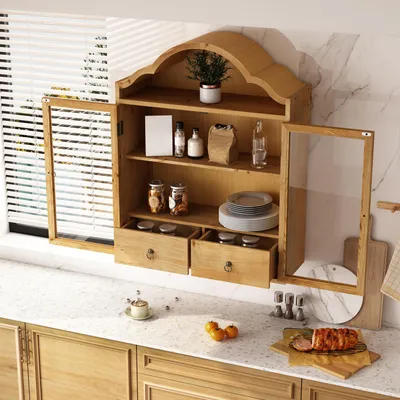 Produktbild von okwish Wandschrank mit Schubladen und Glastüren,Doppeltür-Design,Retro-Stil,kompakter Hängeschrank für Küche,Natur