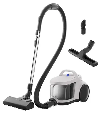 A white and gray cylinder vacuum cleaner with accessories on a white background.