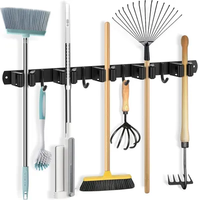 Produktbild von Besenhalterung Wand Besenhalter Gerätehalter Edelstahl Besen Mop Halter Wandhalterung Selbstklebend mit 5 Halter und 4 Haken Besen-Organizer