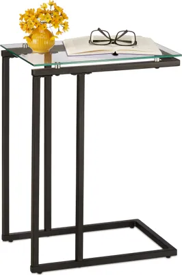 Produktbild von Relaxdays Beistelltisch, u-förmig, Materialmix, Glasplatte, Metall, Bauhausstil, Sofatisch HBT: 60 x 30 x 45 cm, schwarz