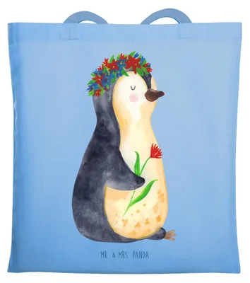 Produktbild von Mr. & Mrs. Panda Tote Bag Pinguin Blumen - Sky Blue - Geschenk, Jutebeutel, Geschenkidee, festivaltasche, Ziele, Baumwolltasche, Motivation, Blumenliebe, Laptoptasche