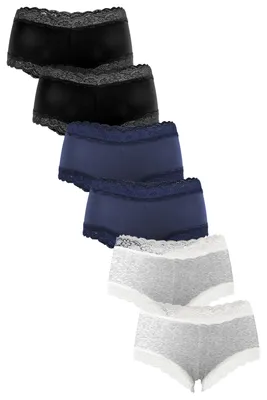 Produktbild von Fabio Farini - 6 Stück Damen Hipster Unterwäsche - Unterhosen aus Baumwolle mit Stretch mit floraler Spitze am Bund und Beinabschluss